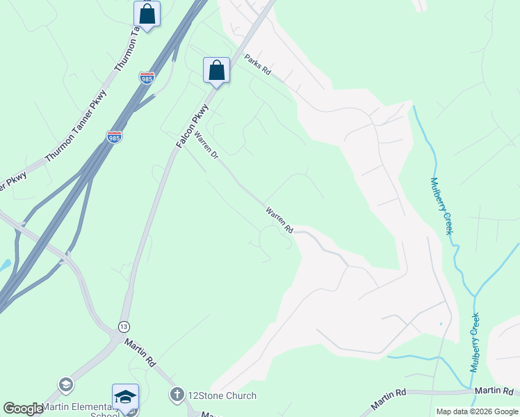map of restaurants, bars, coffee shops, grocery stores, and more near 4054 Warren Road in Flowery Branch