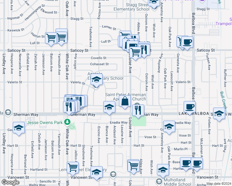 map of restaurants, bars, coffee shops, grocery stores, and more near 17405 Wyandotte Street in Los Angeles