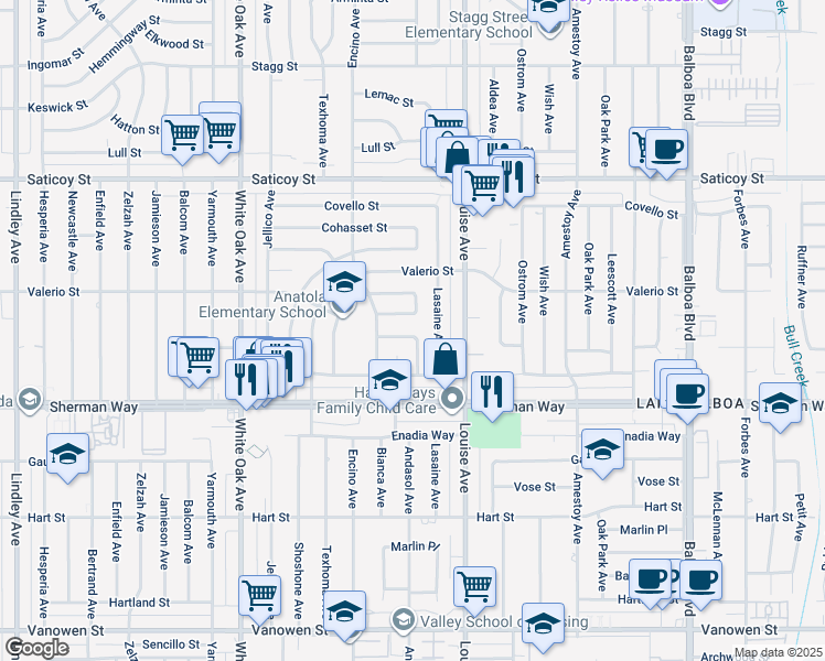 map of restaurants, bars, coffee shops, grocery stores, and more near 17405 Wyandotte Street in Los Angeles