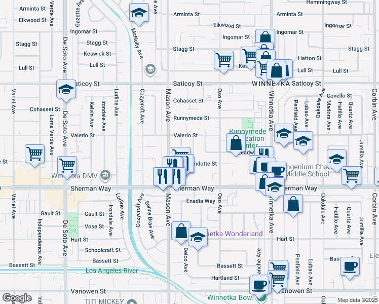 map of restaurants, bars, coffee shops, grocery stores, and more near 7325 Fullbright Avenue in Los Angeles
