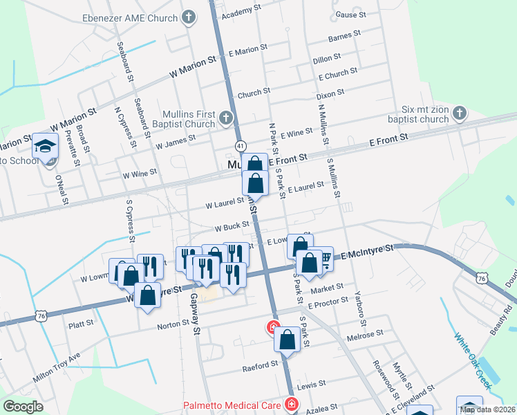 map of restaurants, bars, coffee shops, grocery stores, and more near 227 S Main St in Mullins