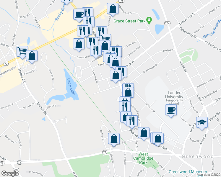 map of restaurants, bars, coffee shops, grocery stores, and more near 500 Ellison Avenue in Greenwood