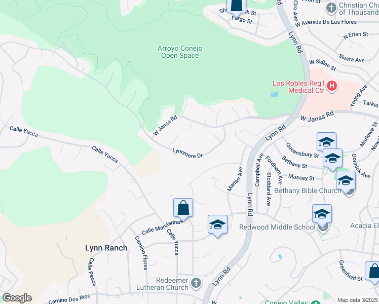 map of restaurants, bars, coffee shops, grocery stores, and more near 751 Lynnmere Drive in Thousand Oaks
