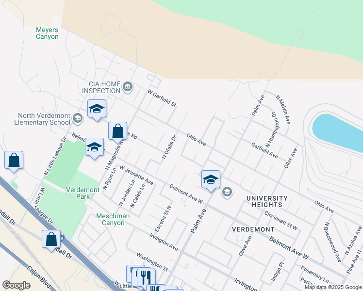map of restaurants, bars, coffee shops, grocery stores, and more near 4704 North Chason Way in San Bernardino