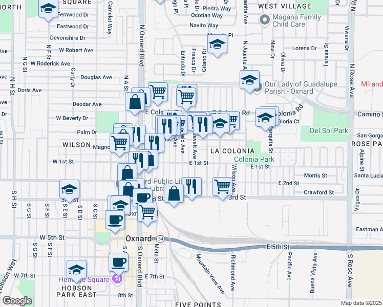 map of restaurants, bars, coffee shops, grocery stores, and more near 501 East 1st Street in Oxnard