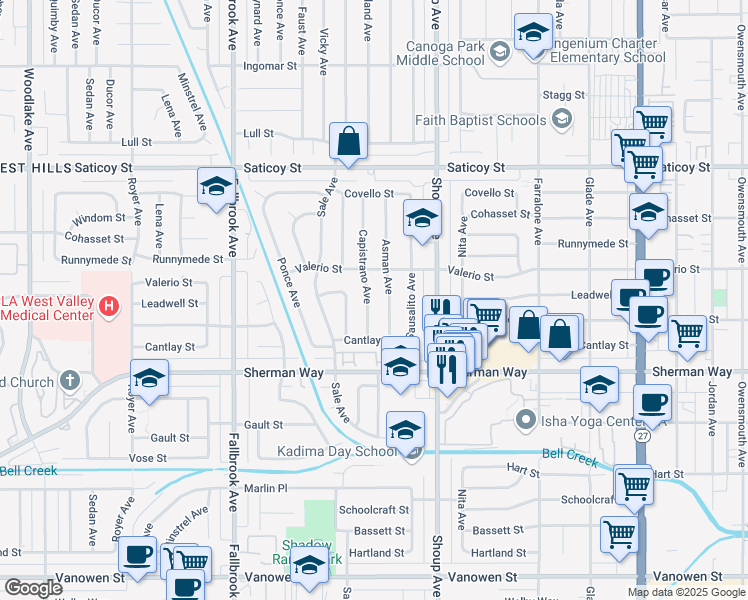 map of restaurants, bars, coffee shops, grocery stores, and more near 7328 Capistrano Avenue in Los Angeles