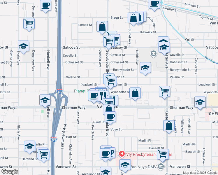 map of restaurants, bars, coffee shops, grocery stores, and more near 7318 Sepulveda Boulevard in Los Angeles