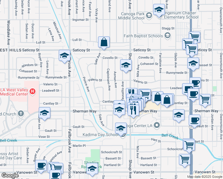 map of restaurants, bars, coffee shops, grocery stores, and more near 7328 Capistrano Avenue in Los Angeles