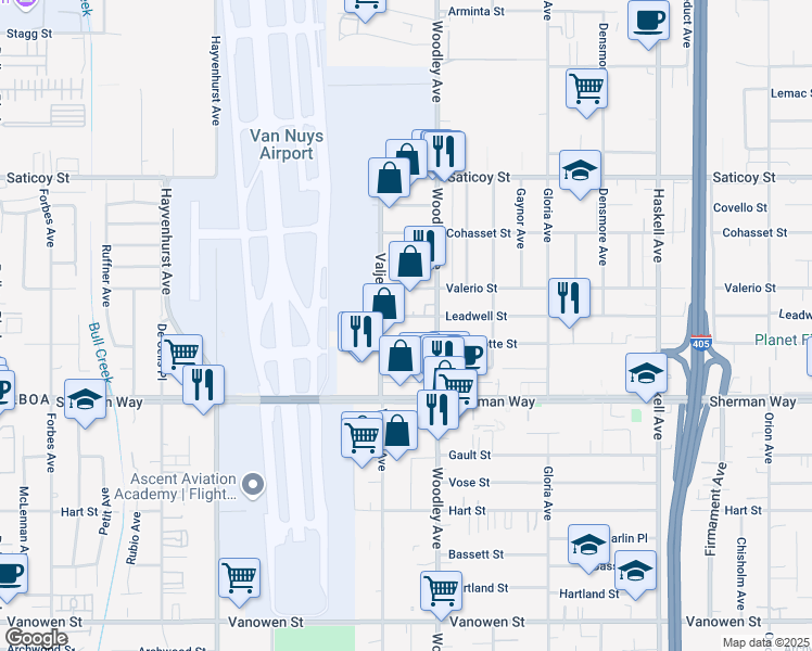 map of restaurants, bars, coffee shops, grocery stores, and more near 16138 Wyandotte Street in Los Angeles