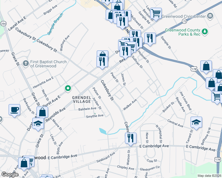 map of restaurants, bars, coffee shops, grocery stores, and more near 103 Williams Avenue in Greenwood