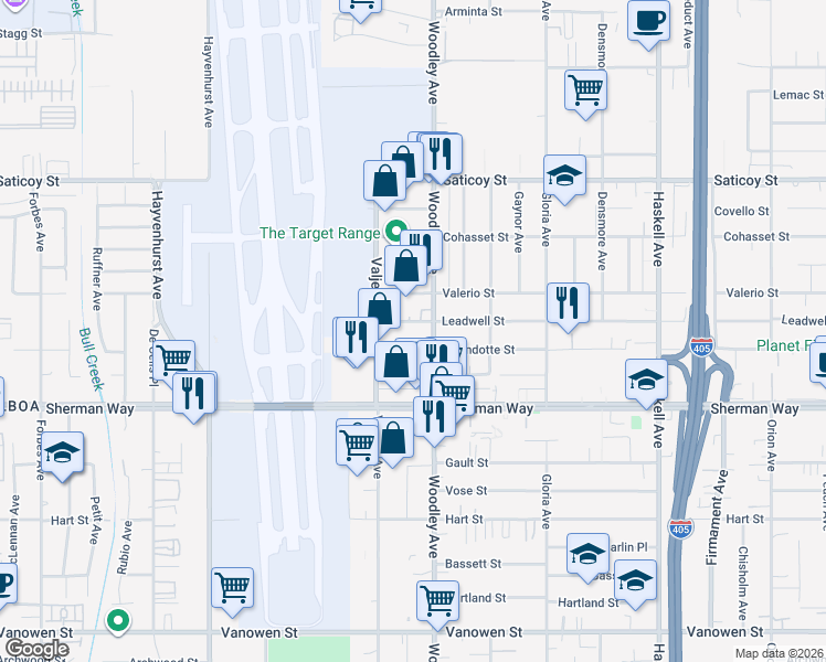 map of restaurants, bars, coffee shops, grocery stores, and more near 16138 Wyandotte Street in Los Angeles