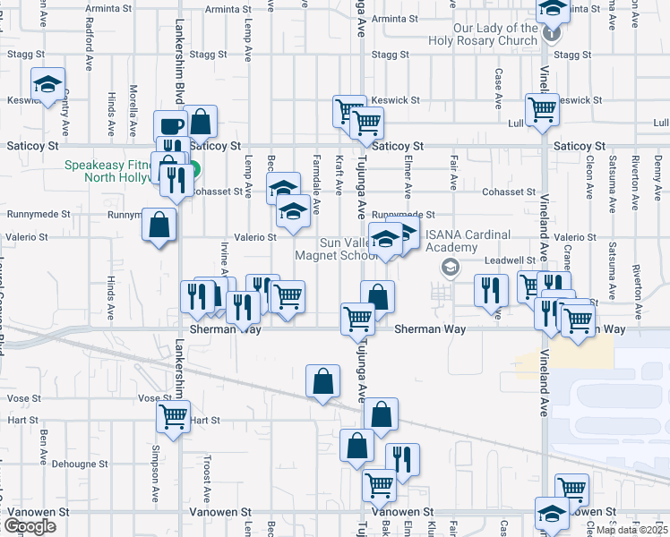 map of restaurants, bars, coffee shops, grocery stores, and more near 7262 Kraft Avenue in Los Angeles