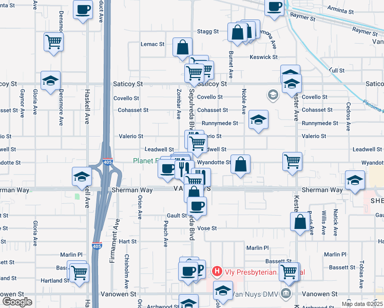 map of restaurants, bars, coffee shops, grocery stores, and more near 15266 Wyandotte Street in Los Angeles