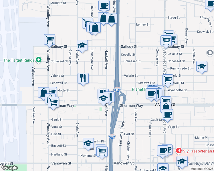 map of restaurants, bars, coffee shops, grocery stores, and more near 7258 Wyandotte Street in Los Angeles