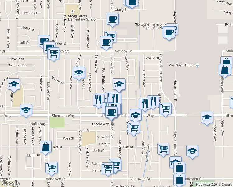 map of restaurants, bars, coffee shops, grocery stores, and more near 16831 Wyandotte Street in Los Angeles