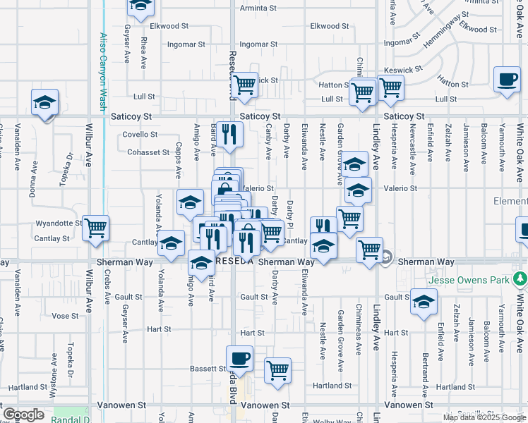 map of restaurants, bars, coffee shops, grocery stores, and more near 7300 Canby Avenue in Los Angeles