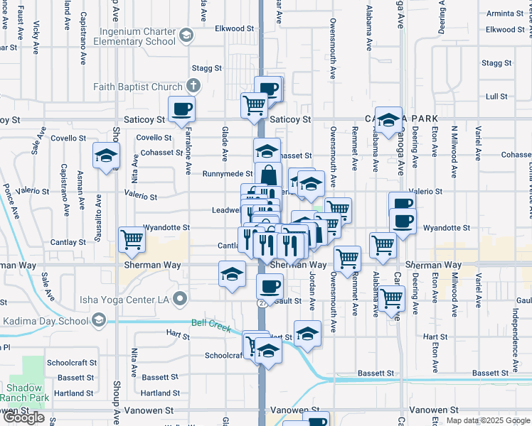 map of restaurants, bars, coffee shops, grocery stores, and more near 21915 Wyandotte Street in Los Angeles