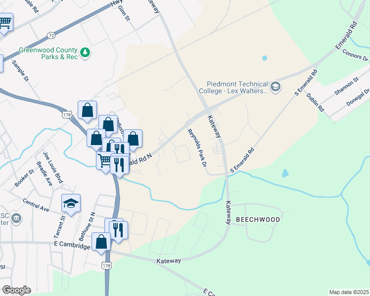 map of restaurants, bars, coffee shops, grocery stores, and more near 400 Emerald Road North in Greenwood