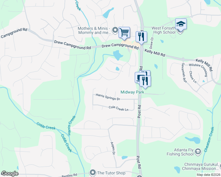 map of restaurants, bars, coffee shops, grocery stores, and more near 5410 Harris Springs Drive in Cumming