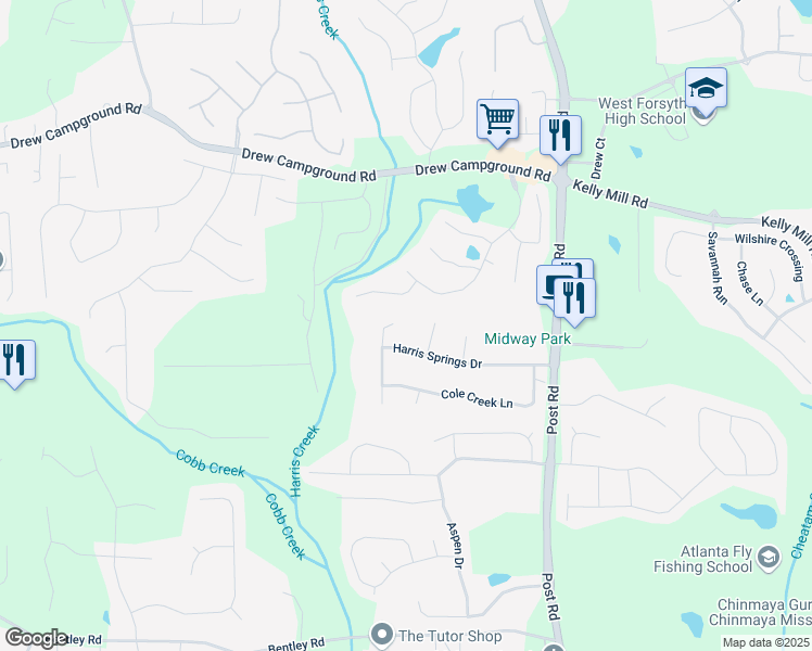 map of restaurants, bars, coffee shops, grocery stores, and more near 5640 Copper Creek Pass in Cumming