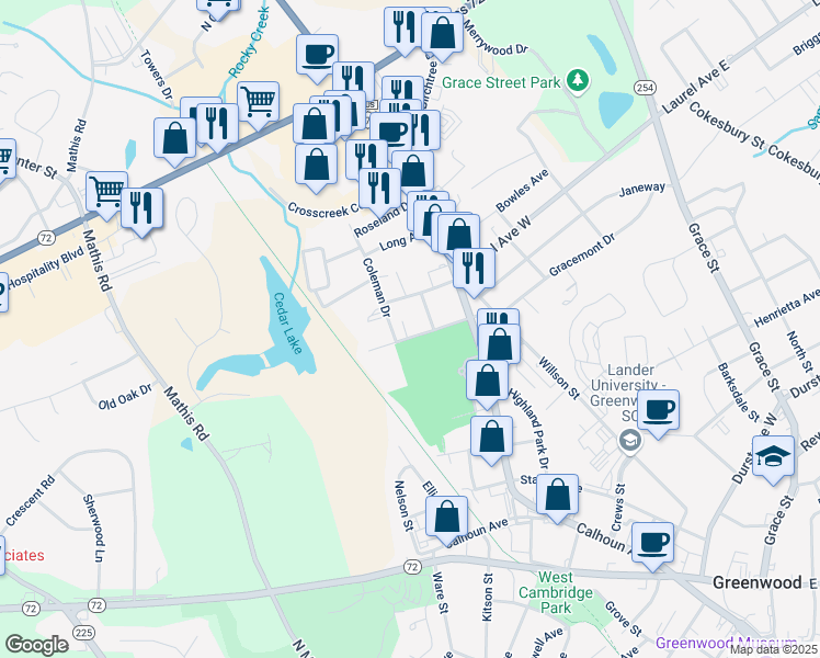 map of restaurants, bars, coffee shops, grocery stores, and more near 510 Ellison Avenue in Greenwood