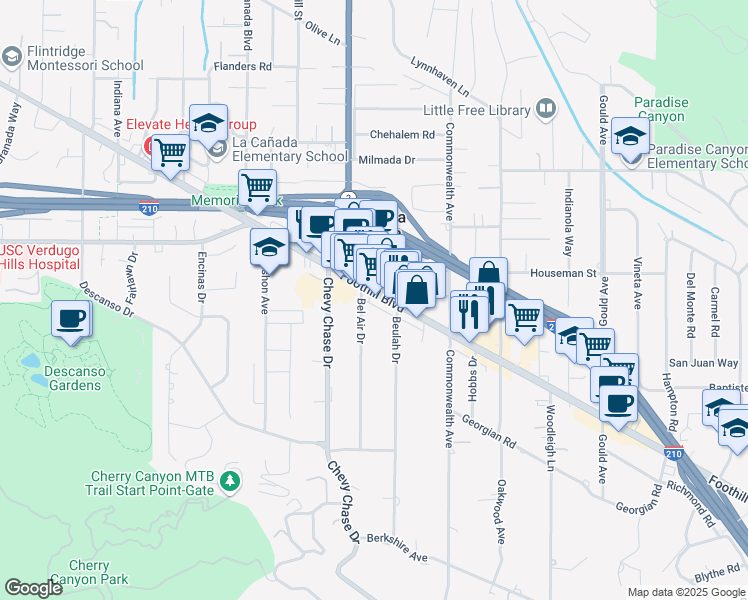 map of restaurants, bars, coffee shops, grocery stores, and more near 930 Foothill Boulevard in La Cañada Flintridge
