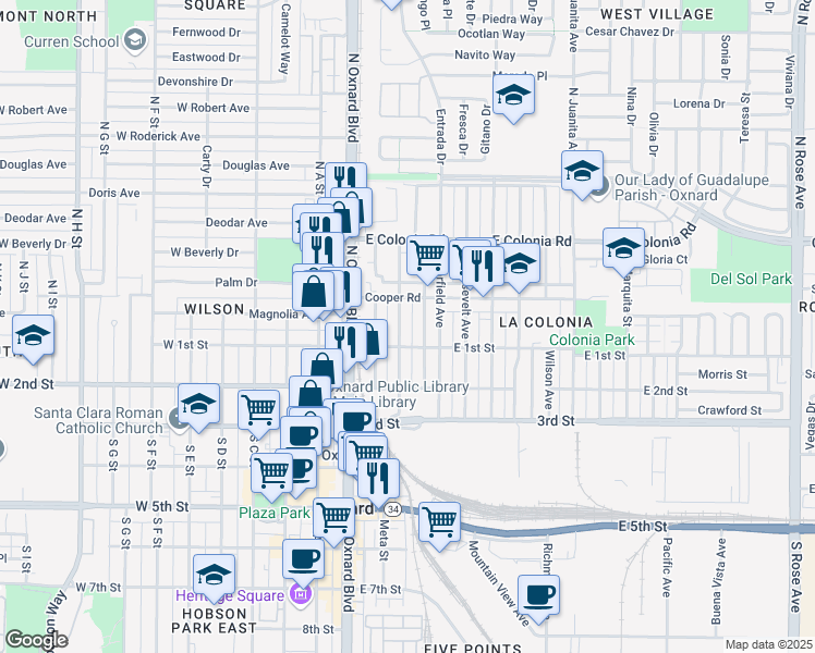 map of restaurants, bars, coffee shops, grocery stores, and more near 134 North Hayes Avenue in Oxnard