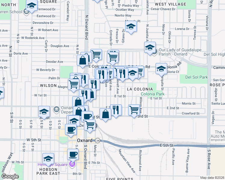 map of restaurants, bars, coffee shops, grocery stores, and more near 501 East 1st Street in Oxnard