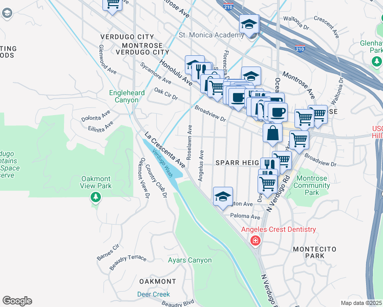 map of restaurants, bars, coffee shops, grocery stores, and more near 3520 Roselawn Avenue in Glendale