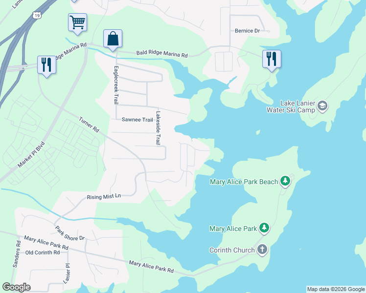map of restaurants, bars, coffee shops, grocery stores, and more near 2555 Chattahoochee Lane in Cumming