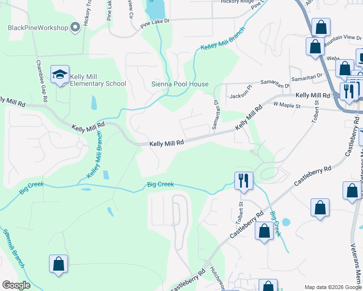 map of restaurants, bars, coffee shops, grocery stores, and more near 516 Kelly Mill Road in Cumming