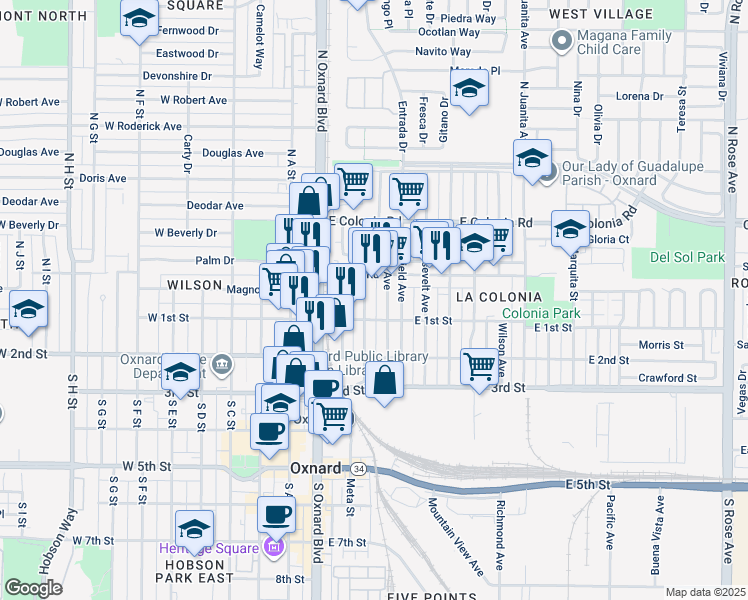 map of restaurants, bars, coffee shops, grocery stores, and more near 134 North Hayes Avenue in Oxnard