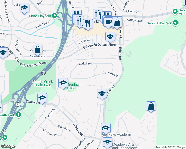 map of restaurants, bars, coffee shops, grocery stores, and more near 1991 El Monte Drive in Thousand Oaks