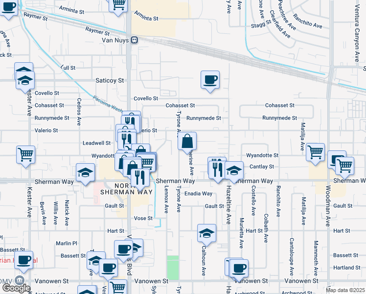 map of restaurants, bars, coffee shops, grocery stores, and more near 7263 Tyrone Avenue in Los Angeles