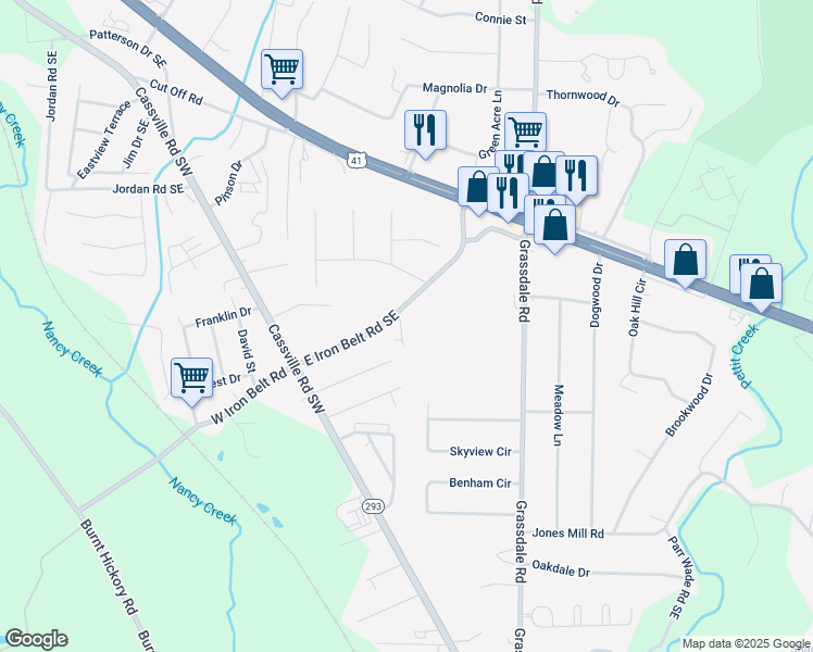 map of restaurants, bars, coffee shops, grocery stores, and more near 201 Iron Belt Court in Cartersville