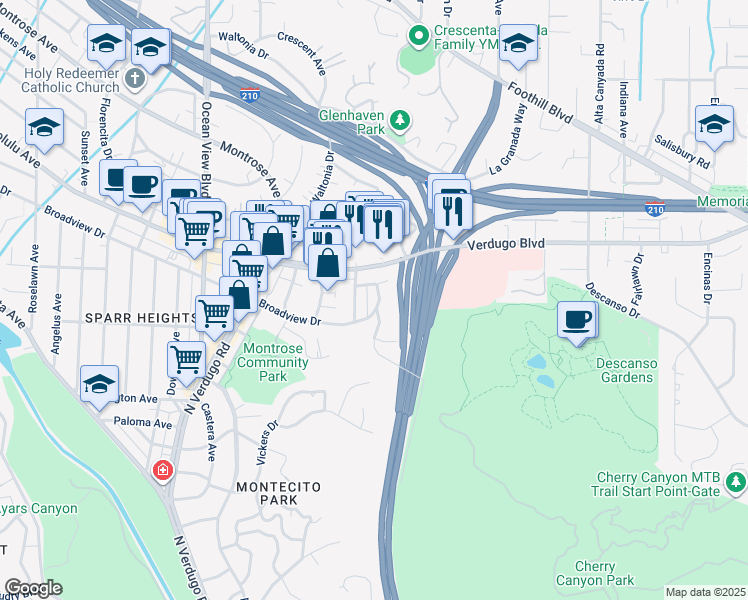 map of restaurants, bars, coffee shops, grocery stores, and more near 3613 Stancrest Drive in Glendale