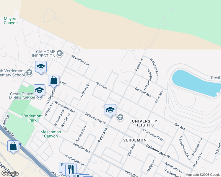 map of restaurants, bars, coffee shops, grocery stores, and more near 6758 Ridgeline Avenue in San Bernardino