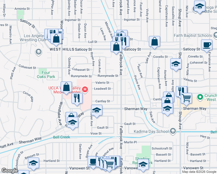 map of restaurants, bars, coffee shops, grocery stores, and more near 22849 Leadwell Street in Los Angeles