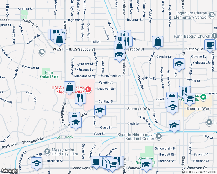 map of restaurants, bars, coffee shops, grocery stores, and more near 22901 Leadwell Street in Los Angeles