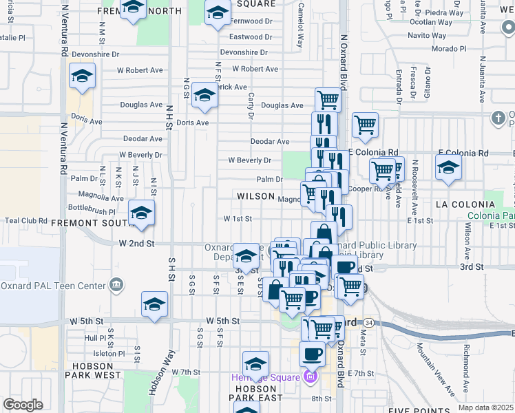 map of restaurants, bars, coffee shops, grocery stores, and more near 511 West 1st Street in Oxnard