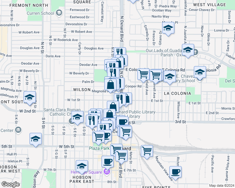 map of restaurants, bars, coffee shops, grocery stores, and more near 120 Magnolia Avenue in Oxnard