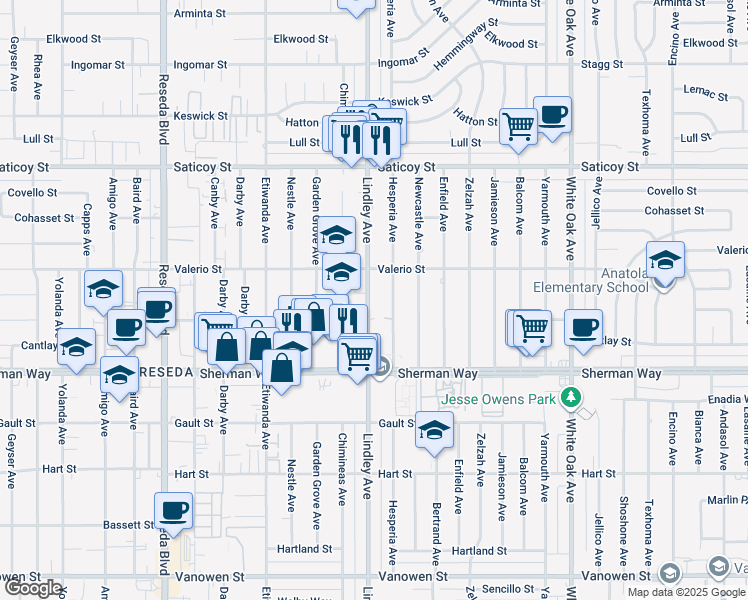 map of restaurants, bars, coffee shops, grocery stores, and more near 7322 Lindley Avenue in Los Angeles