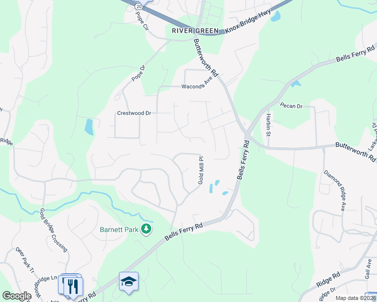 map of restaurants, bars, coffee shops, grocery stores, and more near 154 Gold Mill Place in Canton