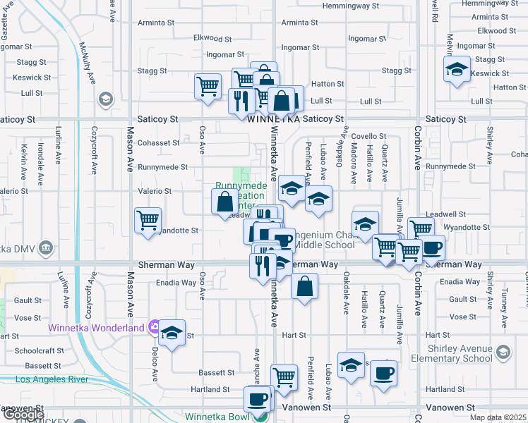 map of restaurants, bars, coffee shops, grocery stores, and more near 20134 Leadwell Street in Los Angeles