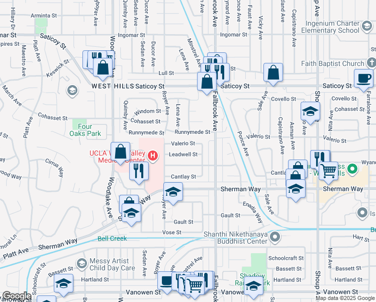 map of restaurants, bars, coffee shops, grocery stores, and more near 22901 Leadwell Street in Los Angeles