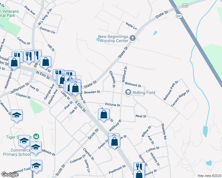 map of restaurants, bars, coffee shops, grocery stores, and more near 262 Elizabeth Street in Commerce