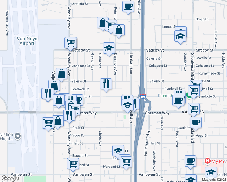 map of restaurants, bars, coffee shops, grocery stores, and more near 15810 Leadwell Street in Los Angeles