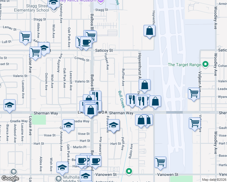 map of restaurants, bars, coffee shops, grocery stores, and more near 7327 Whitaker Avenue in Los Angeles