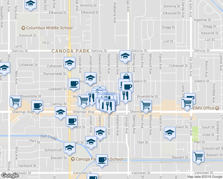 map of restaurants, bars, coffee shops, grocery stores, and more near 7328 Remmet Avenue in Los Angeles
