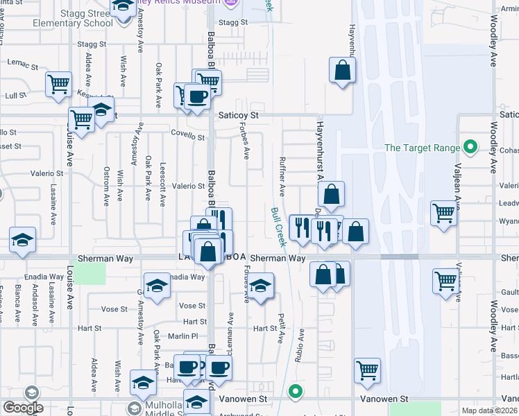 map of restaurants, bars, coffee shops, grocery stores, and more near 7327 Whitaker Avenue in Los Angeles